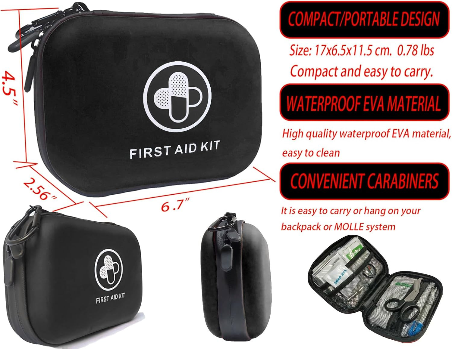 First Aid Kit 152 Piece Waterproof Hard Shell Portable Medical Kit, Black | Wate