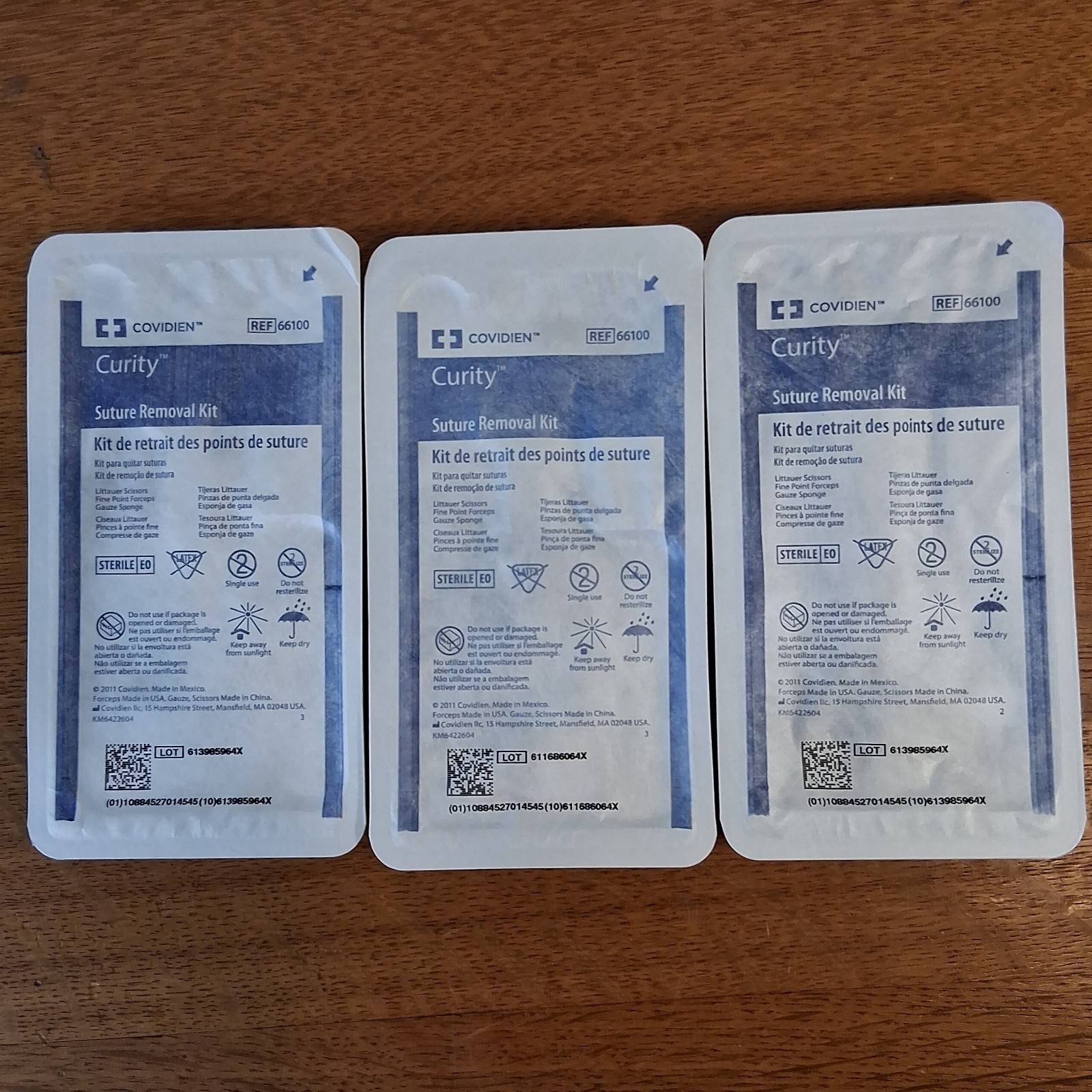 3 Suture Removal Kits, Curity Littauer Scissors, Forceps, Gauze Sponge, Sterile