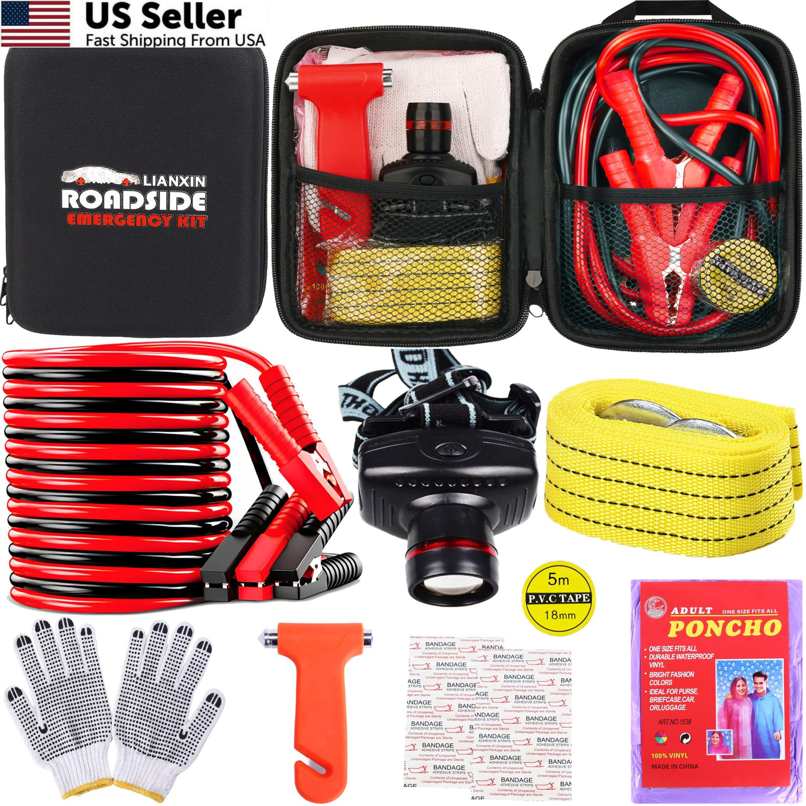 LIANXIN Car Roadside Emergency Kit, with Jumper Cables Automotive Black
