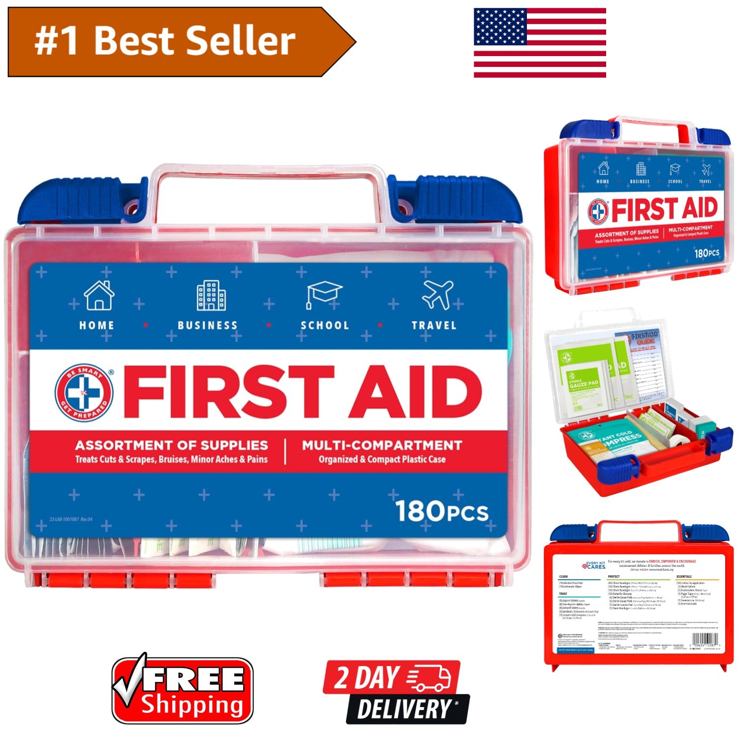 Compact 180 Piece First Aid Kit: Essential Emergency Supplies for Home & Travel