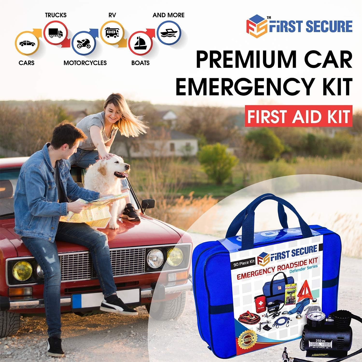 Car Emergency Kit with Air Compressor, Jumper Cables, First Aid, Tow Strap, Tire