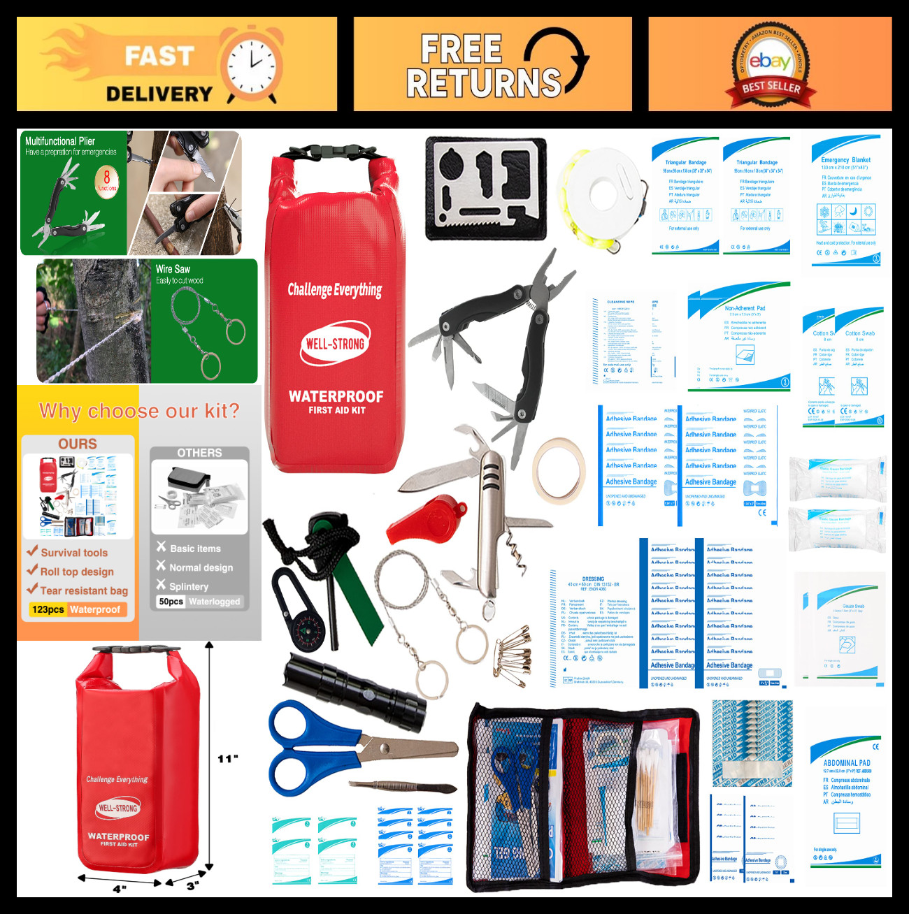 123pcs Waterproof Marine First Aid Kit with Survival Tools for Boating, Kayaking