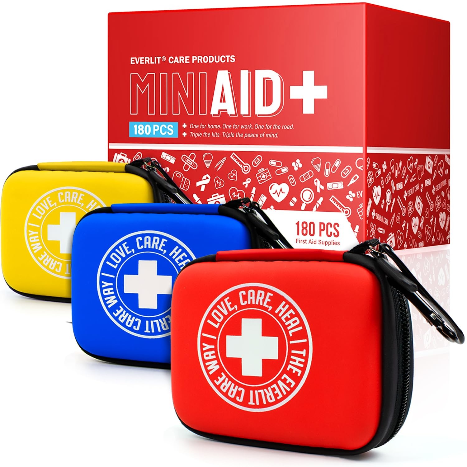 EVERLIT CARE Mini-Aid First Aid Kit | Compact & 3 Packs | 180 Pcs, Assorted