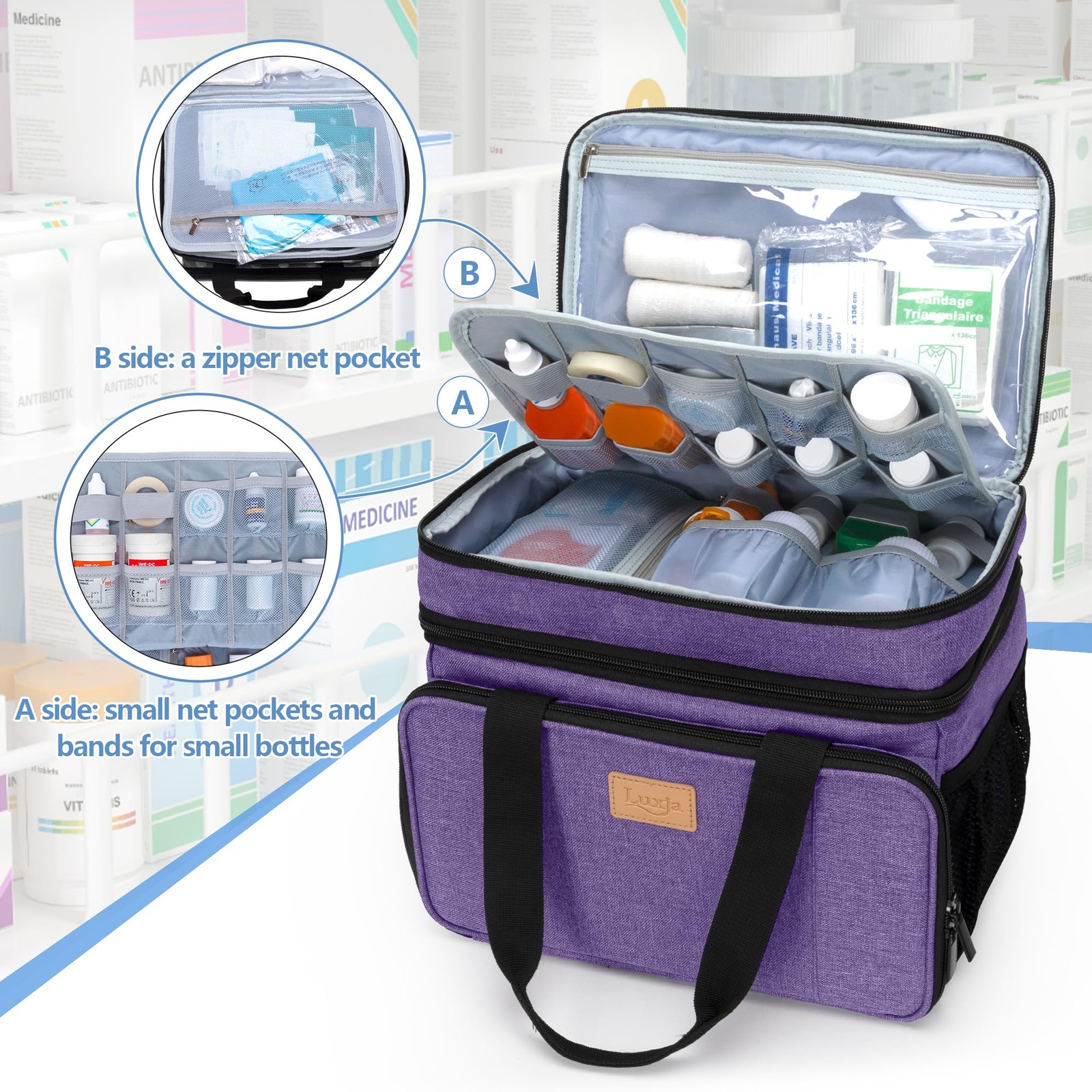 LUXJA 2 Layers Medicine Bag 11″ x 7.5″ x 9.5″ / 28cm x 19cm x 24cm, Purple