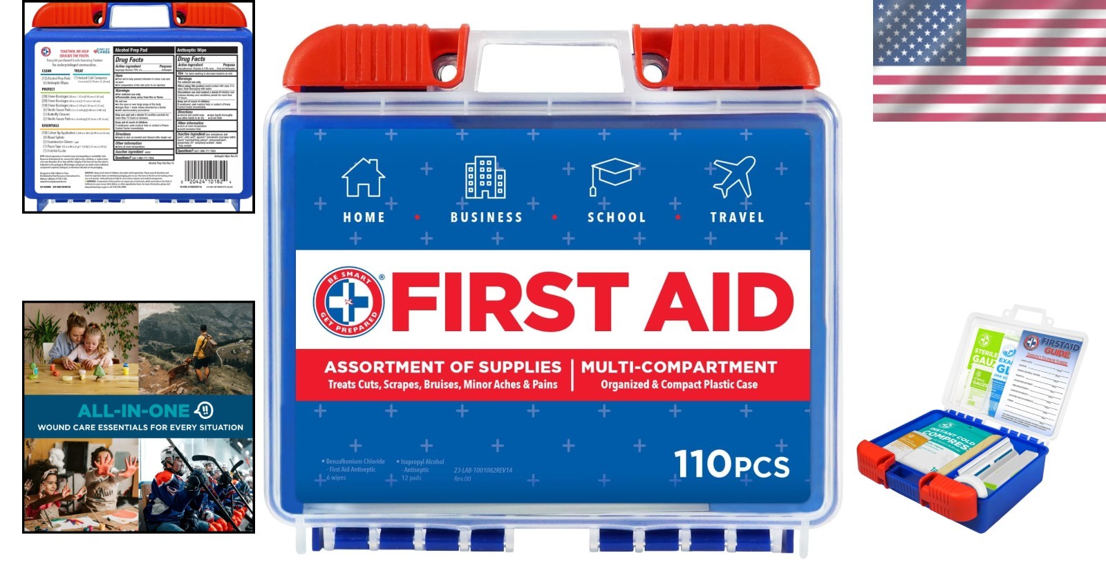 110 Pc First Aid Kit: Clean, Treat, Protect Minor Cuts, Home, Office, Car, Schoo