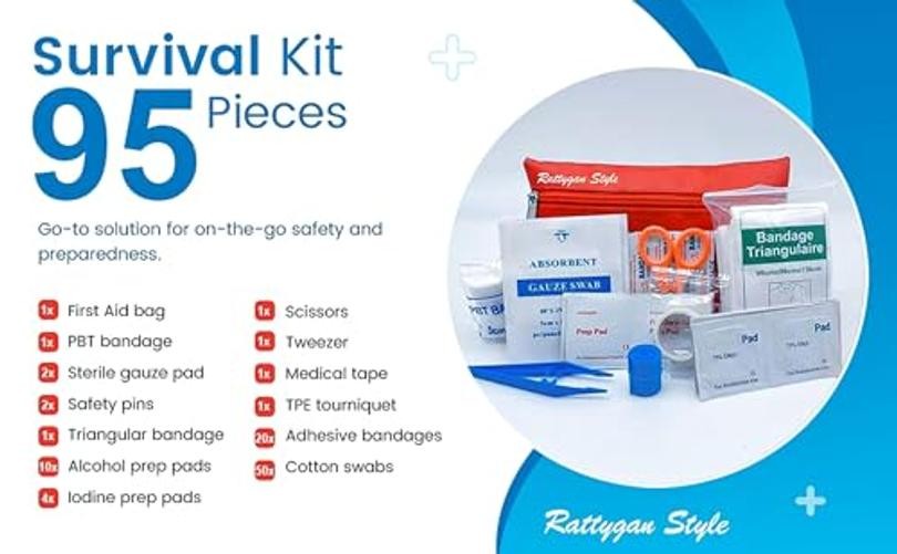 Travel Survival First Aid Emergency Kit – 95 Pieces – Compact & Lightweight