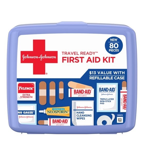 Band-Aid Travel Ready Portable Emergency First Aid Kit for Minor Wound Care with