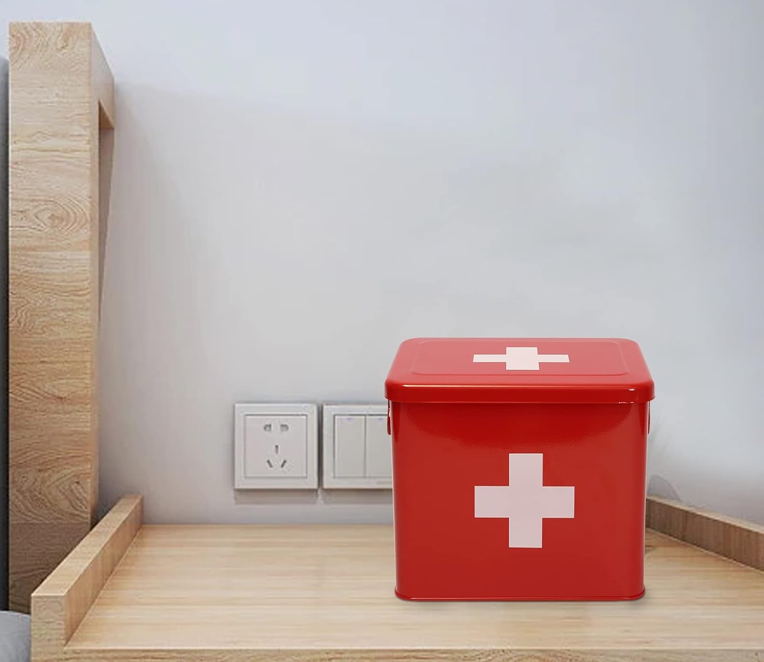 Red 2-Tier Metal First Aid Kit Box w/ Tray for Home Emergency