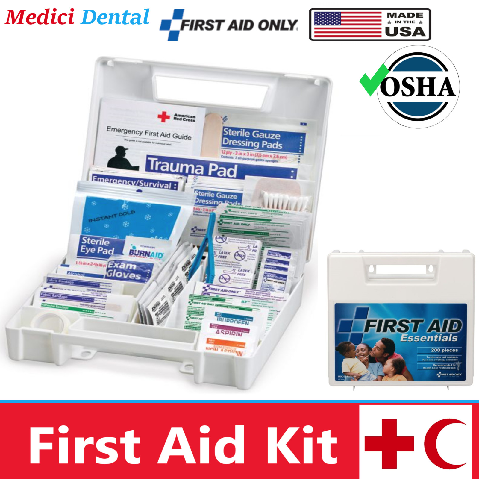 First Aid Kit, 200 Pieces, Plastic Case, All Purpose First Aid Emergency Kit