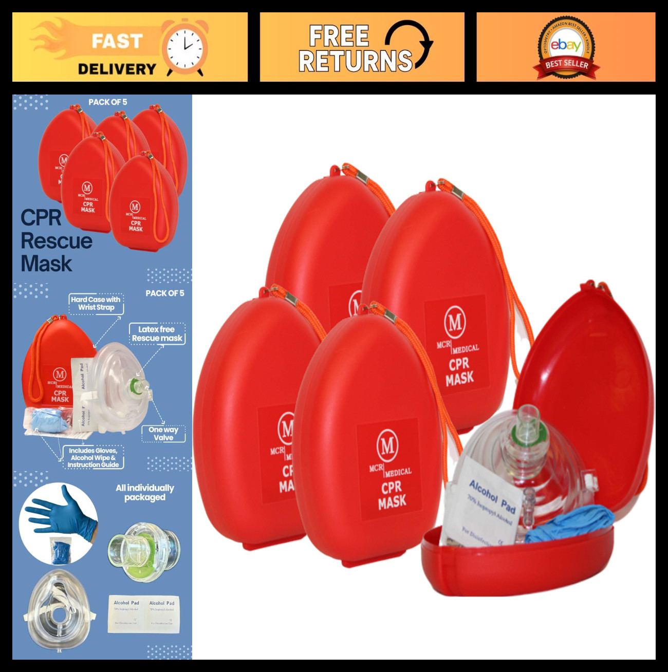 CPR Rescue Masks Pack of 5, Adult/Child Pocket Resuscitators, Hard Case & Strap