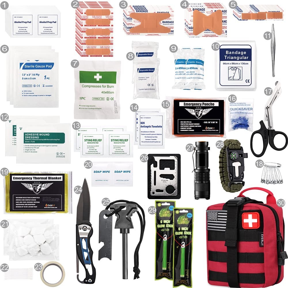 250 Pcs Survival First Aid Kit | IFAK Emergency Kit for Camping, Hiking, Hunting