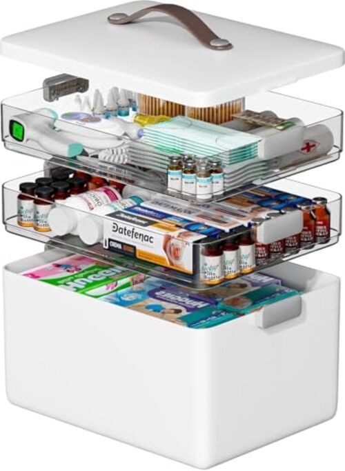 Spreezy 3-Tier Medicine Organizer with Clear Compartments, Portable Stackable