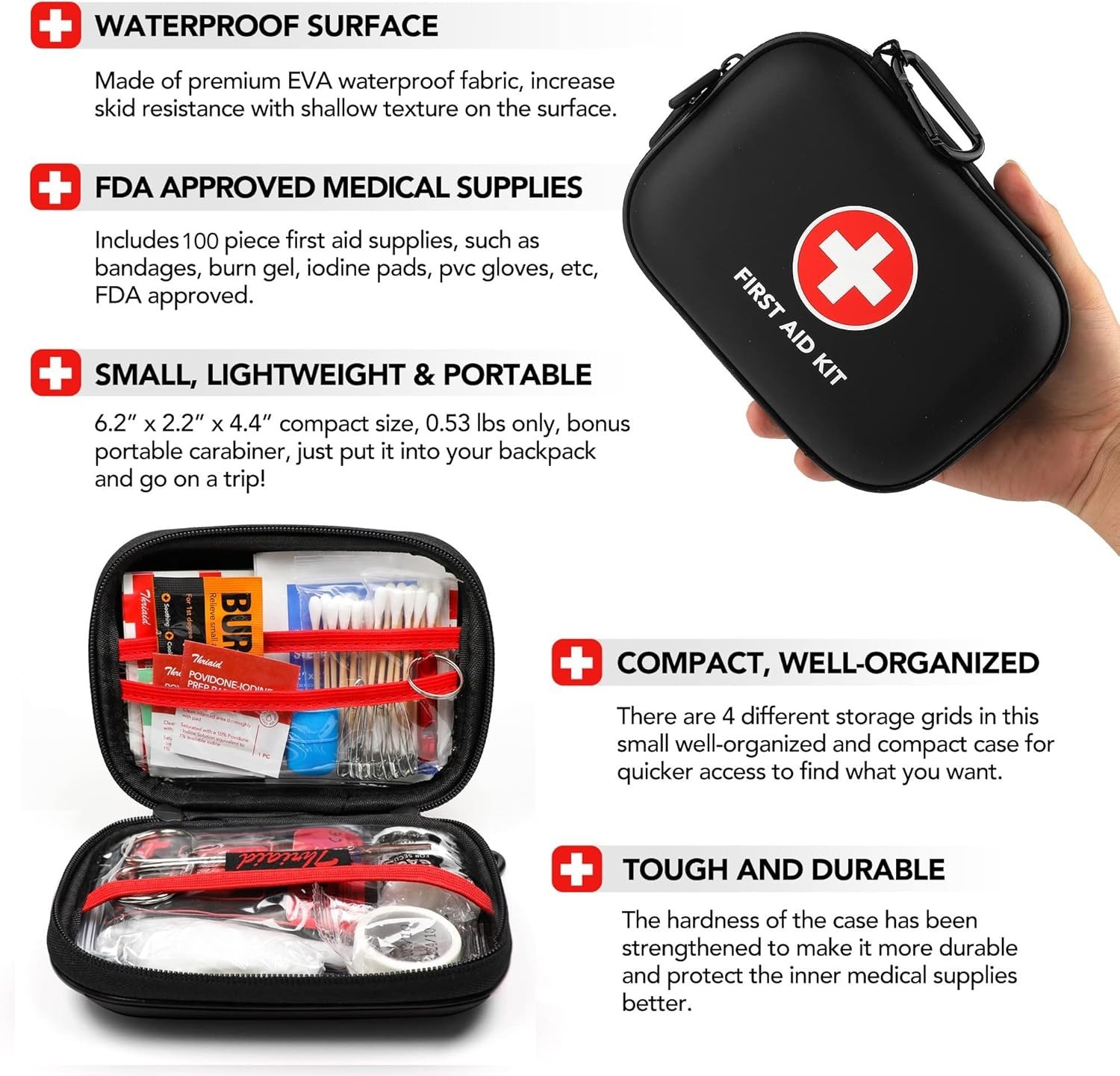 Essential First Aid Kit – 100 Hospital-Grade Supplies in Black Waterproof Case