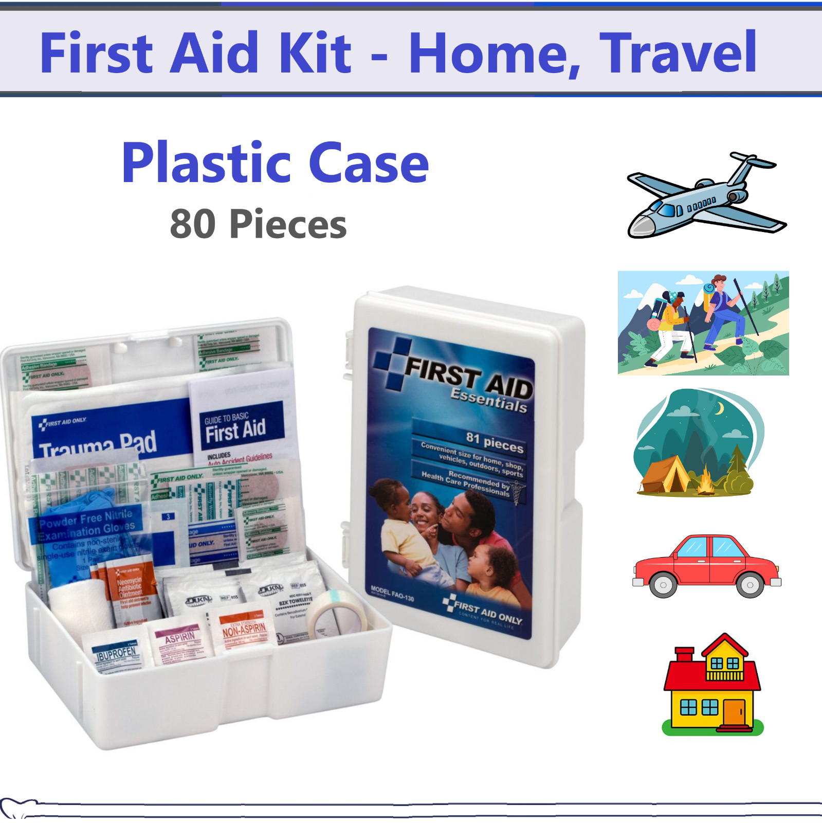 First Aid Kit, 80 Pcs. Plastic Case For emergencies at Home, Car, Water, Camping