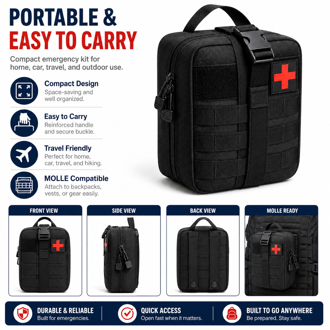 Portable Trauma First Aid Kit with Tourniquet for Hiking, Car & Home