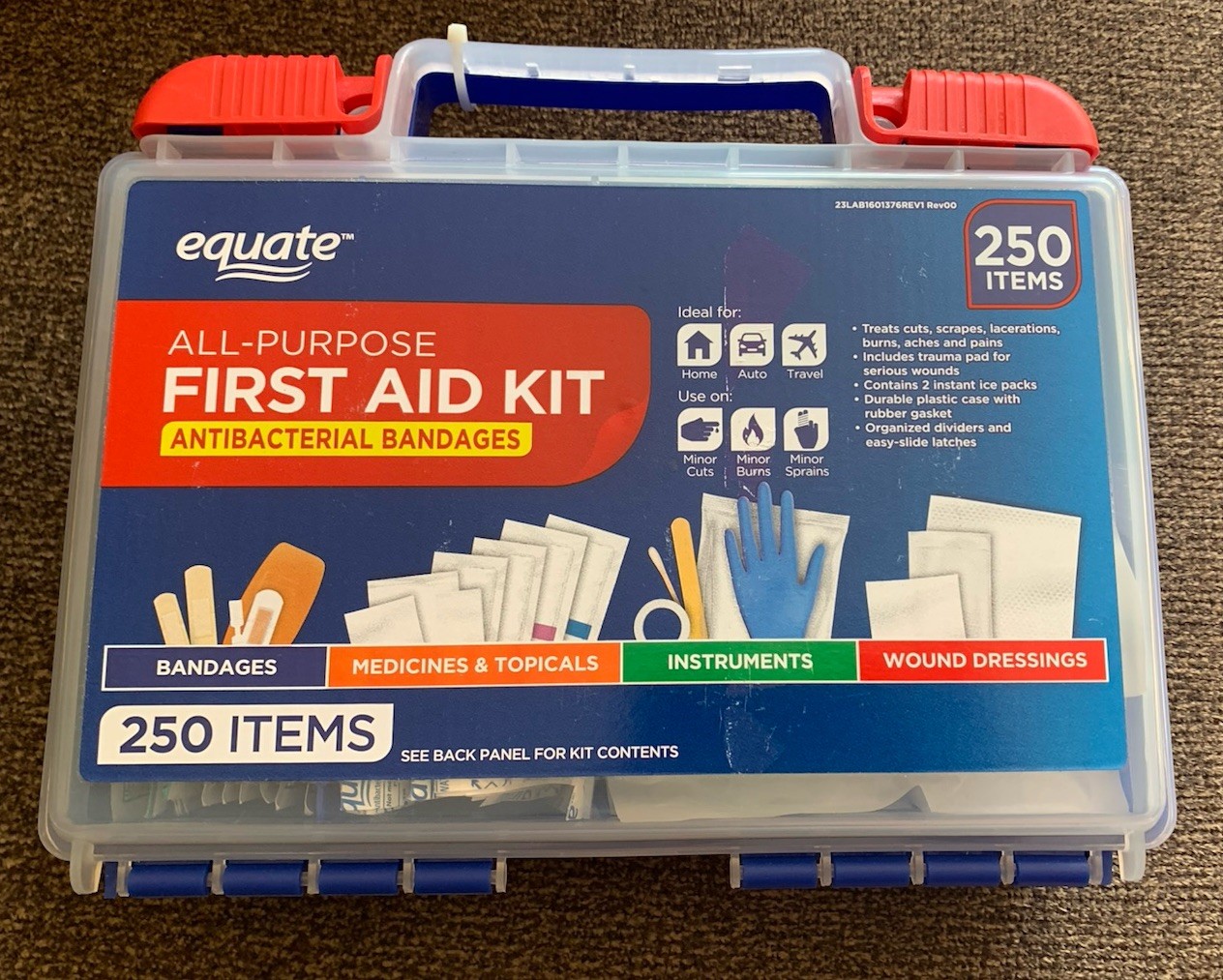 Equate All-Purpose First Aid Kit with Antibacterial Bandages, 250 Piece Set