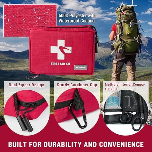 300 Piece First Aid Kit, Compact Waterproof First Aid Bag with 9 Organized Red