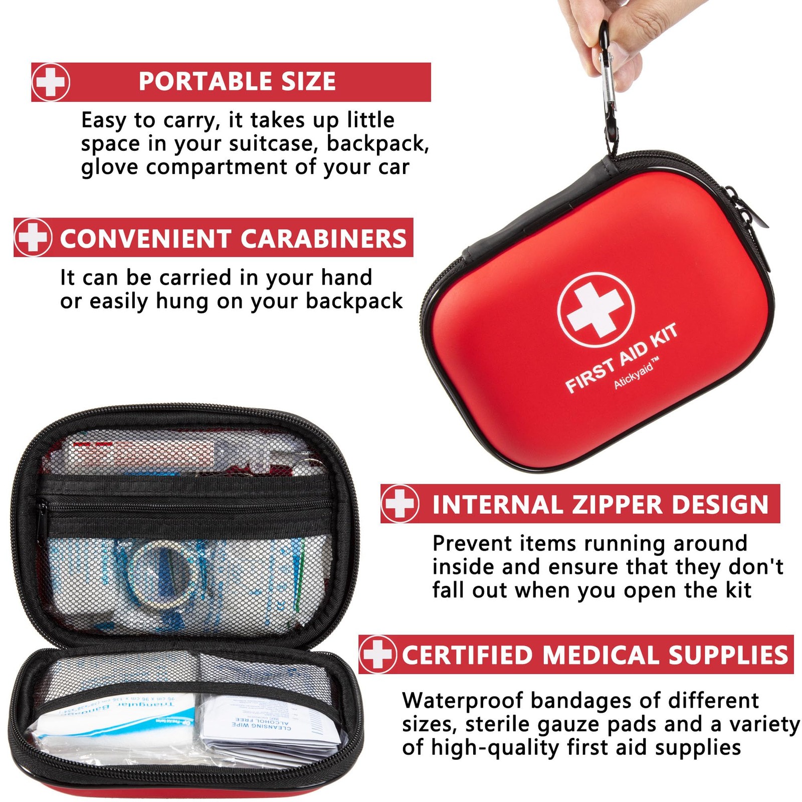 Mini First Aid Kit – 120 Piece Small Waterproof Hard Shell 120 Pieces, Red