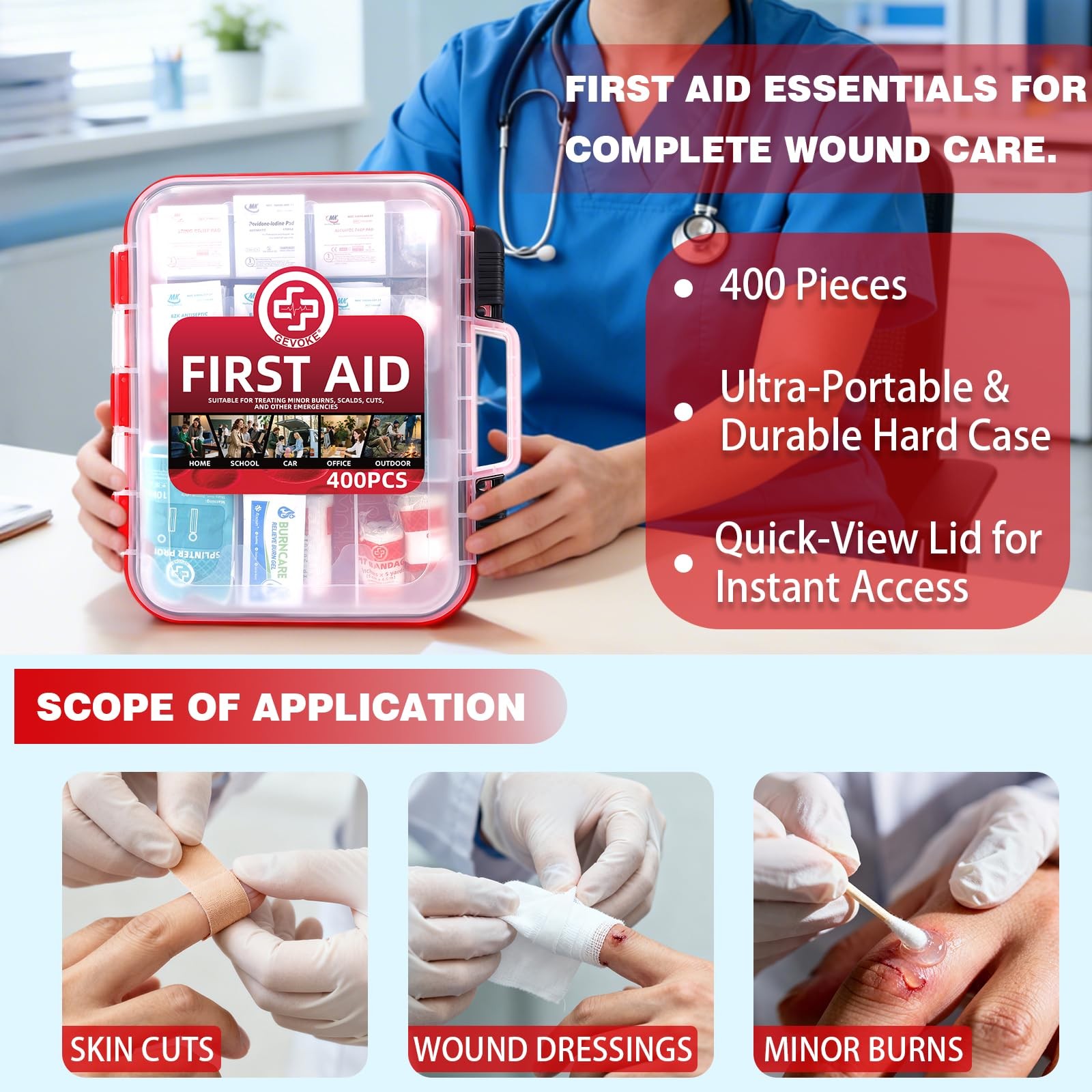 Gevoke 400 Piece First Aid Kit – Organized Dual-Layer Extra Large, Red