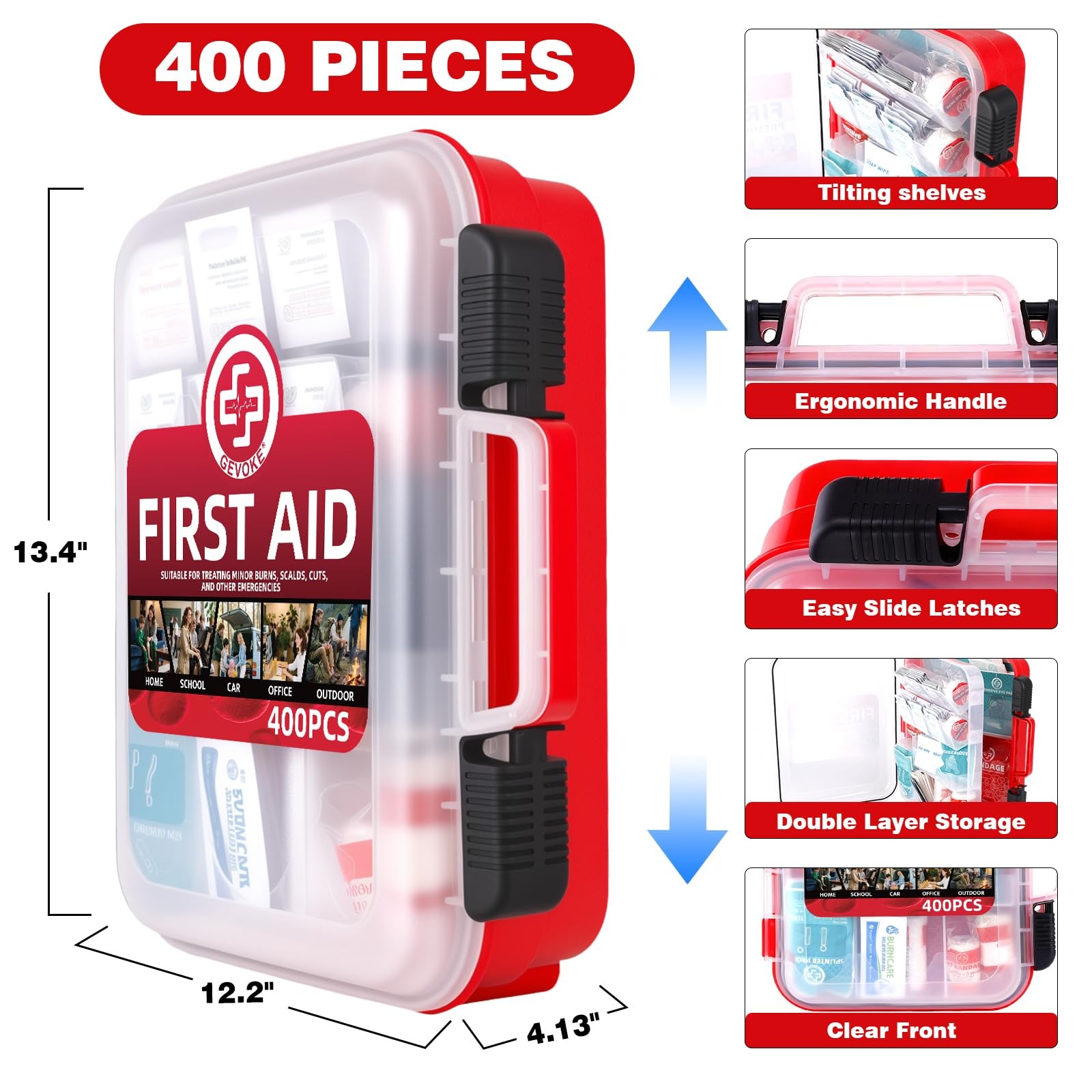 Gevoke 400 Piece First Aid Kit – Organized Dual-Layer Extra Large, Red