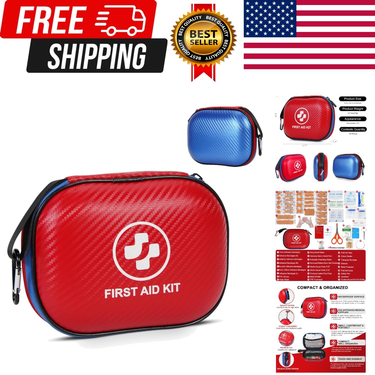 Small First Aid Kit – 185 Pieces Waterproof Emergency Kit for Home, Car, Office,