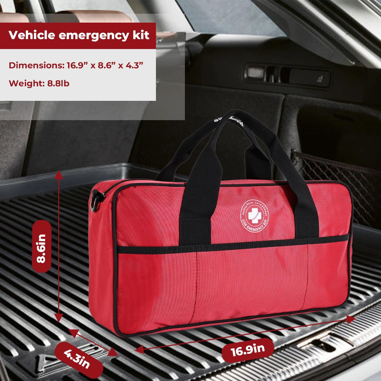 All-in-One Car Emergency Kit with Digital Tire Inflator, Jumper Cable, Red