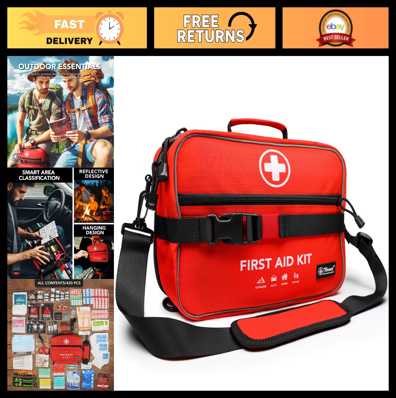 430-Piece Waterproof First Aid Kit – Compact Trauma Medical Kit for Home, Travel