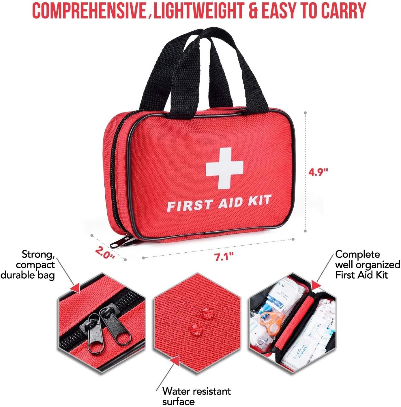 SlimK 112-Pc First Aid Kit for Car/Travel, Emergency Bag Red