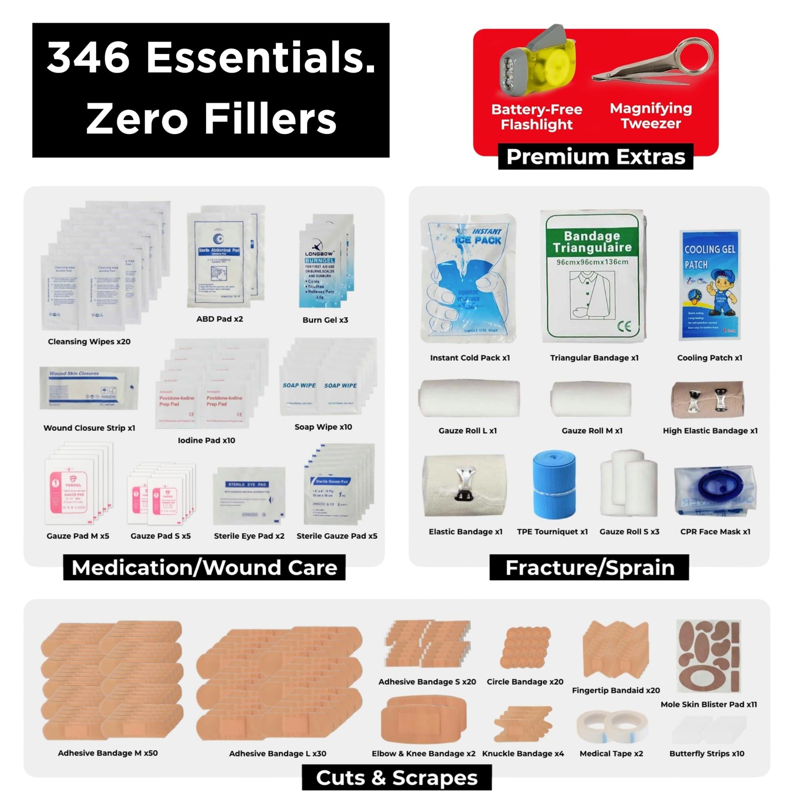 346-Piece First Aid Kit with Tourniquet& Steri-Strips-Emergency &Trauma Supplies