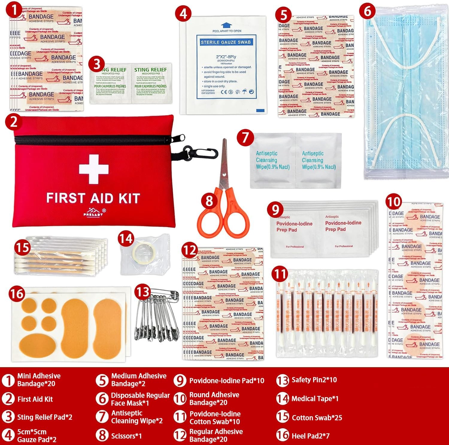 152 Piece TSA Approved First Aid Kit for Travel, Camping, Home – Red