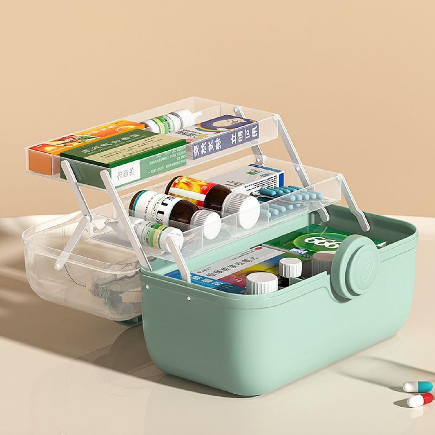 Mairuker Medicine Storage Containers 3-Tier Fold Tray Plastic Medical Green