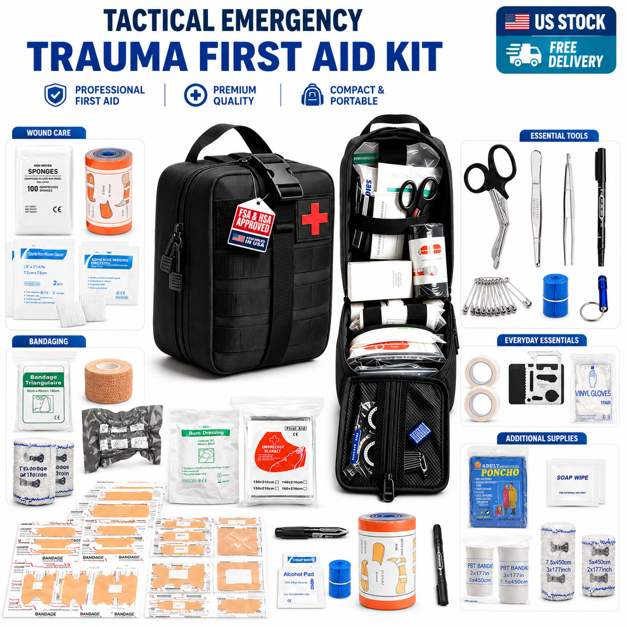 Portable Trauma First Aid Kit with Tourniquet for Hiking, Car & Home