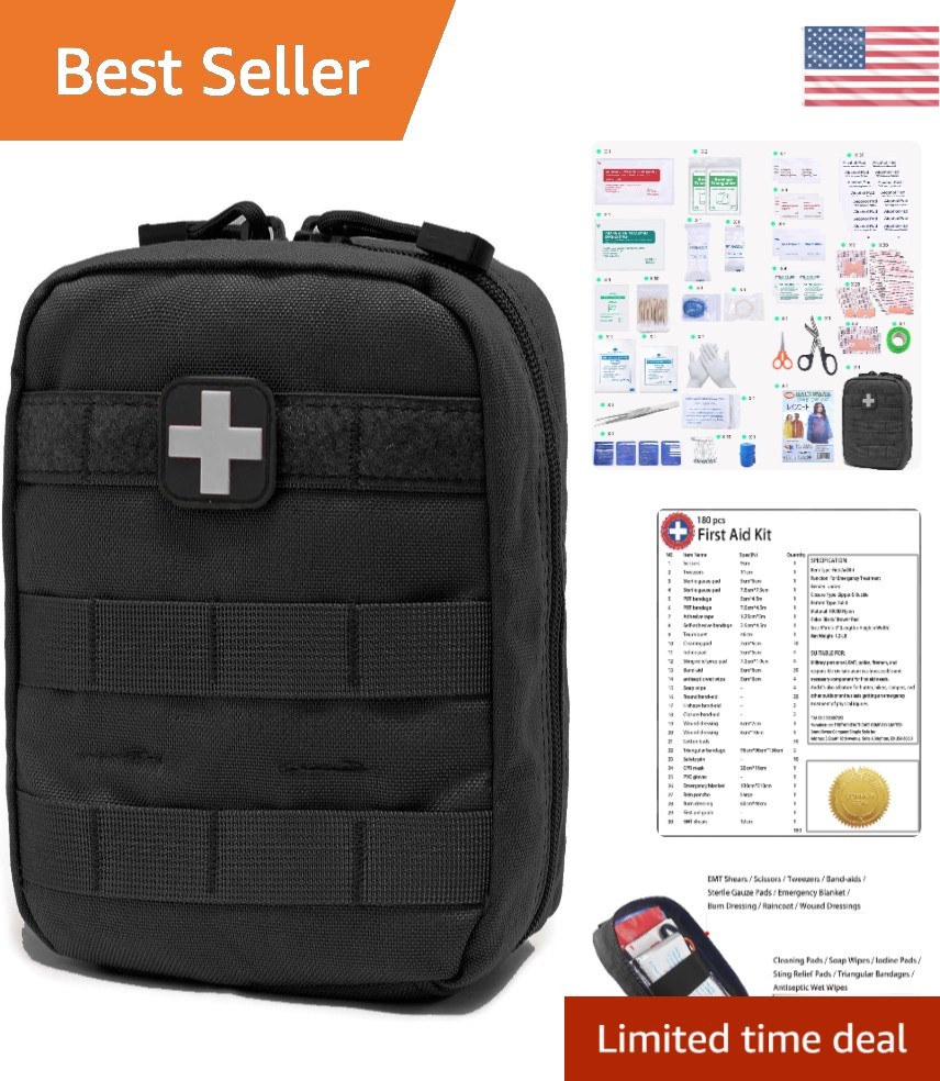 Compact Tactical First Aid Kit – 180 Essential Supplies, MOLLE Compatible, Black