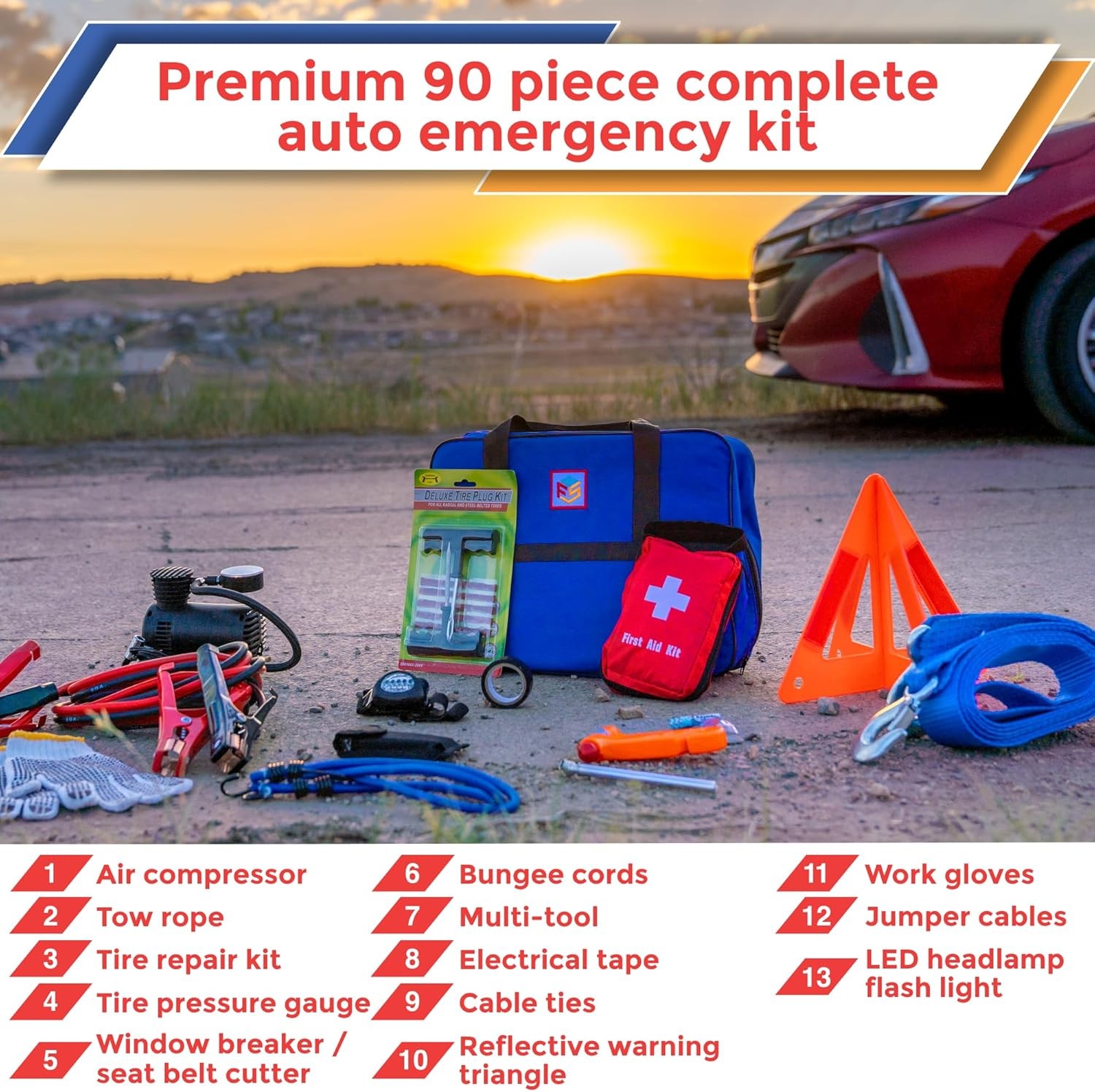 Car Emergency Kit with Air Compressor, Jumper Cables, First Aid, Tow Strap, Tire