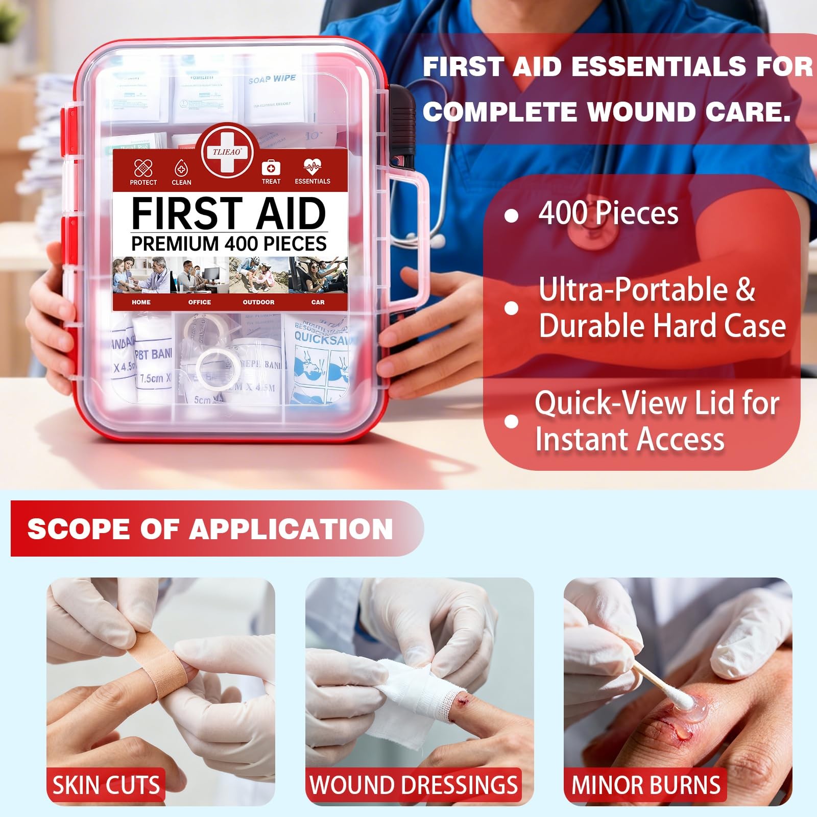 TLIEAO 400 Pieces All-Purpose First Aid Kit – Organized Dual-Layer Wall – Red