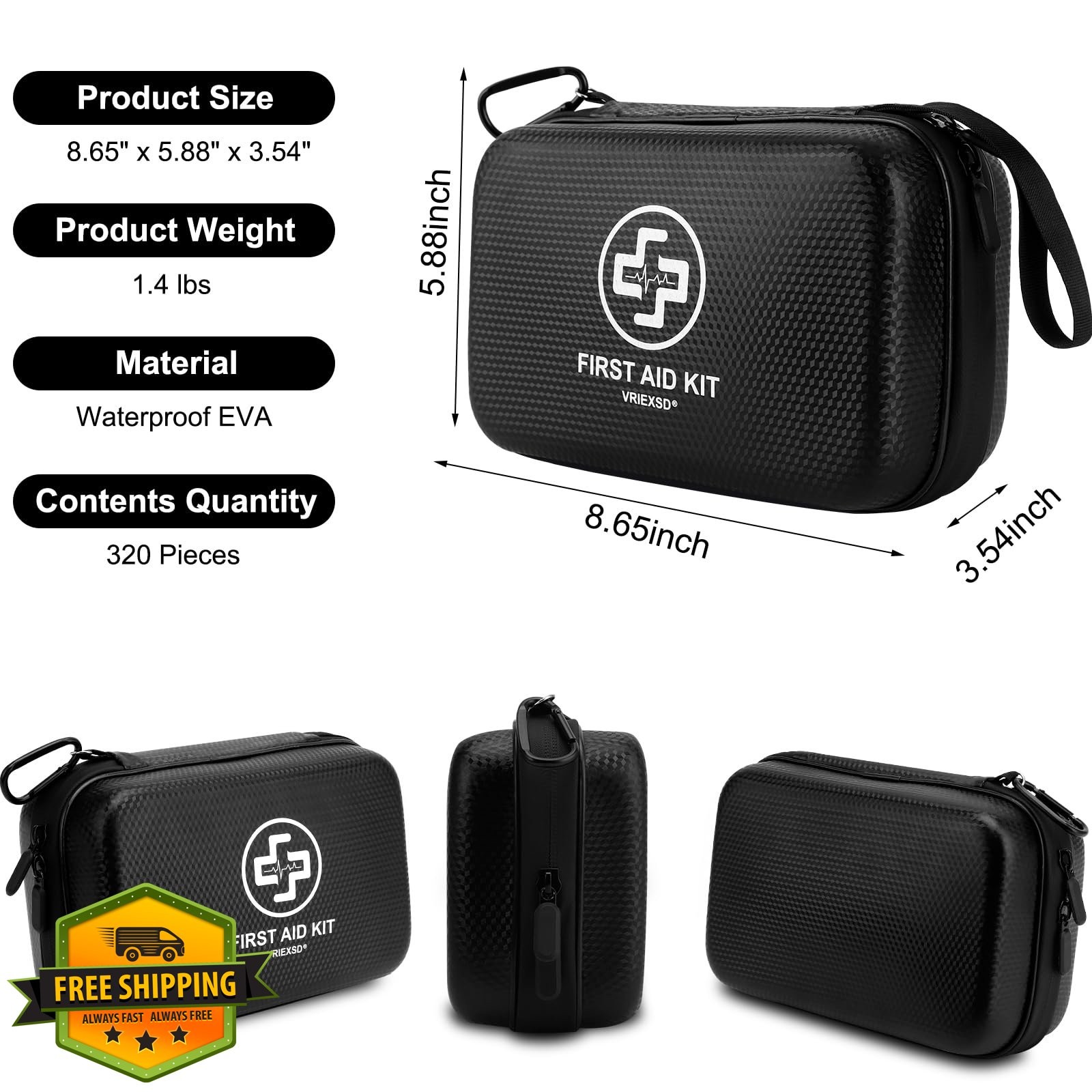 Vriexsd First Aid Kit 320 Piece Black