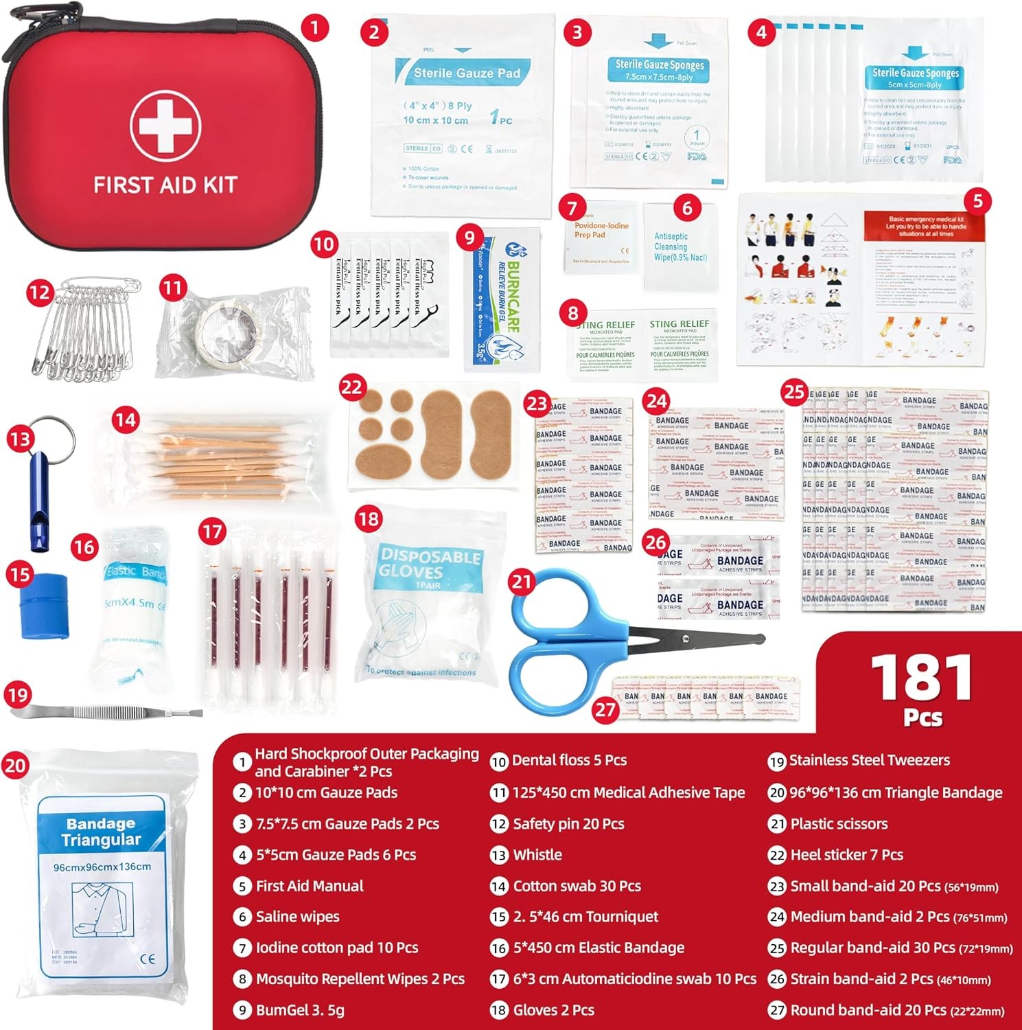 Prelady 181-Pc Mini First Aid Kit, Waterproof, Portable for Travel/Home