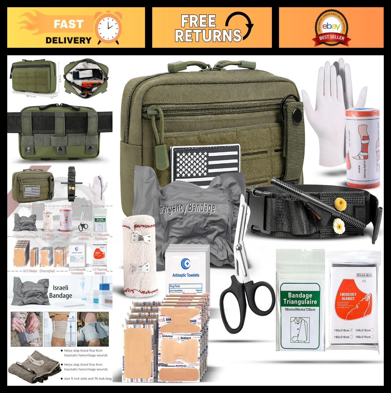 Tactical First Aid Kit – 34-Piece Trauma Kit with Tourniquet & Bandages for Car,