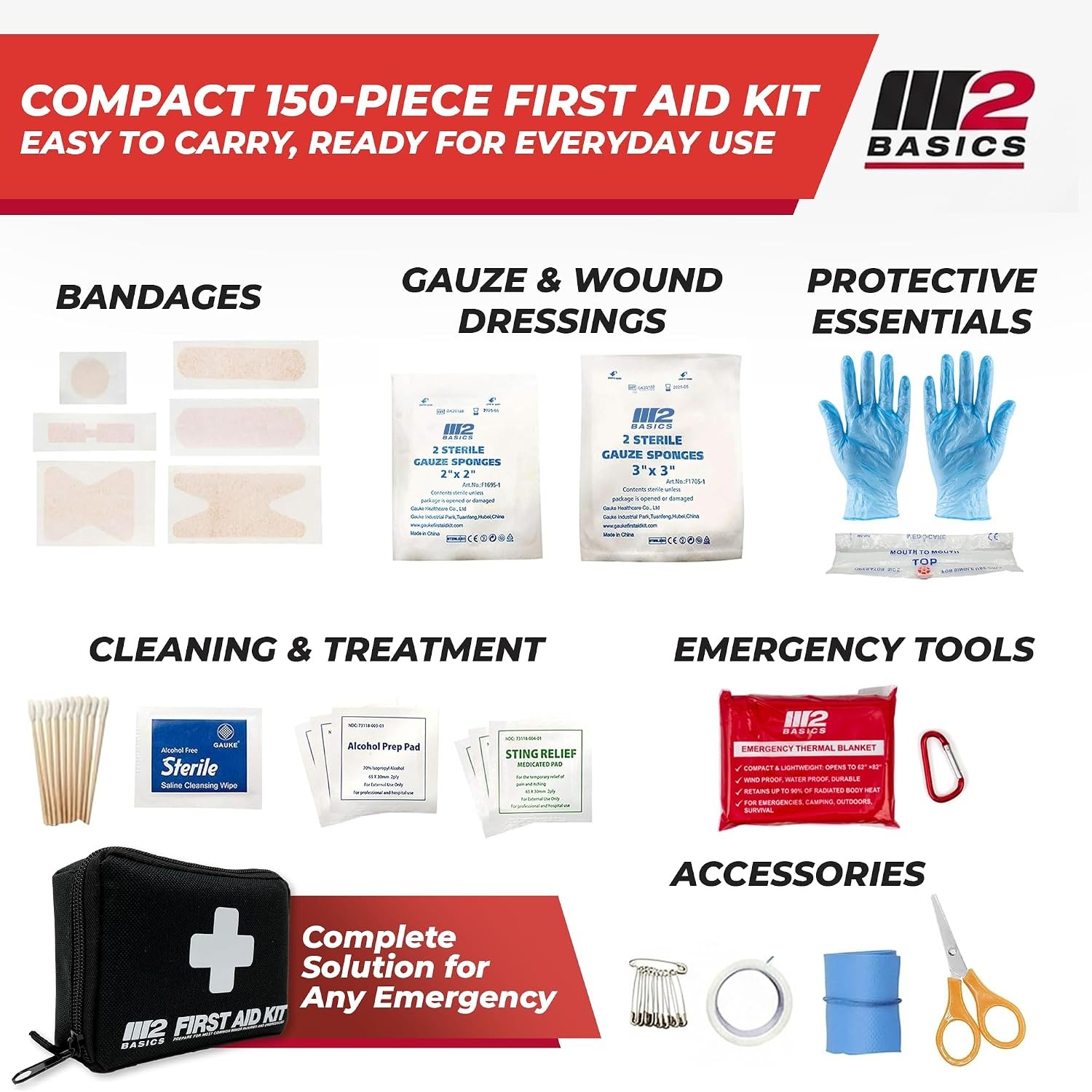 M2 BASICS 150-Pc First Aid Kit – Compact Bag for Travel, Home & Car