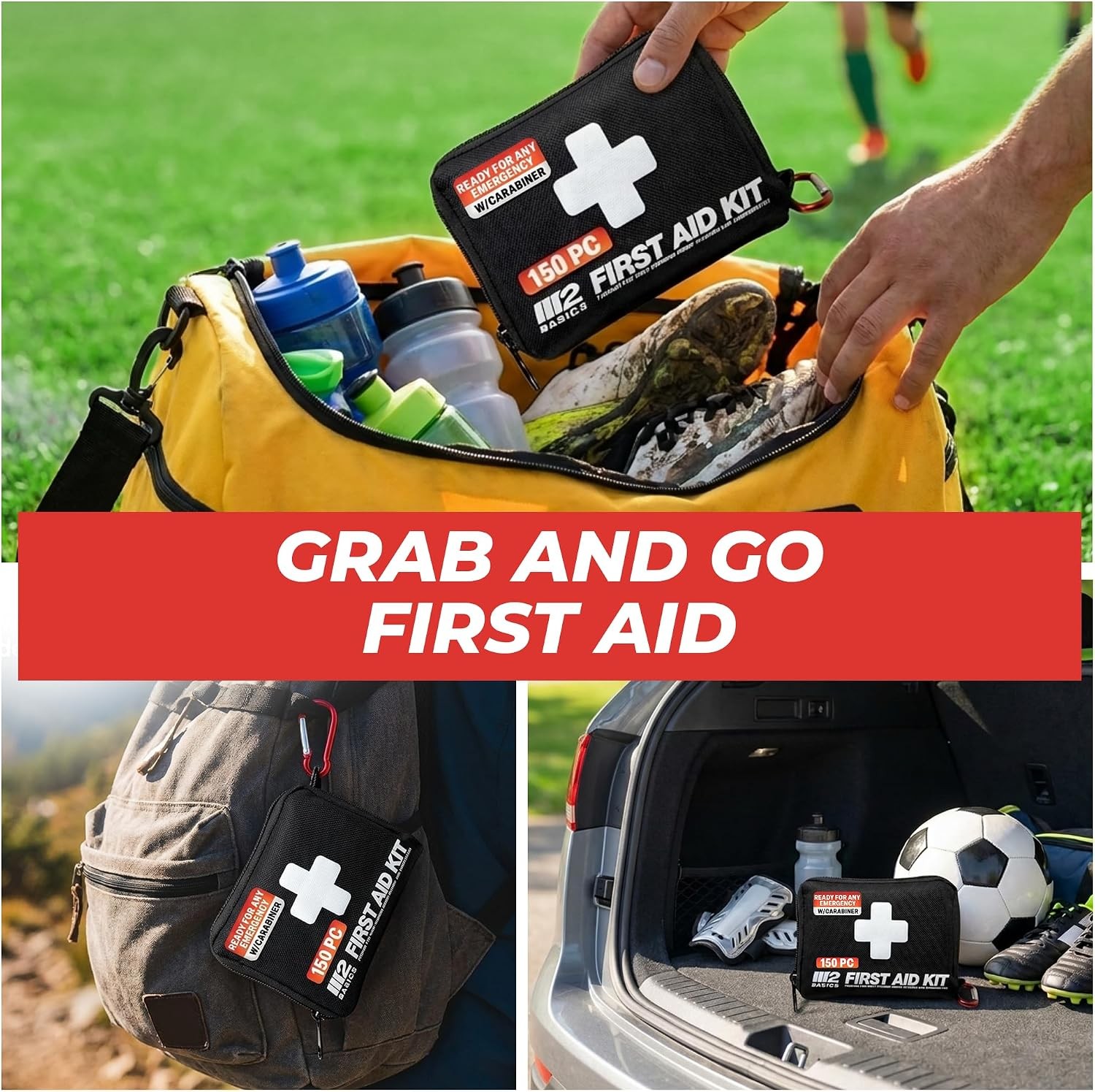 M2 BASICS 150-Pc First Aid Kit – Compact Bag for Travel, Home & Car