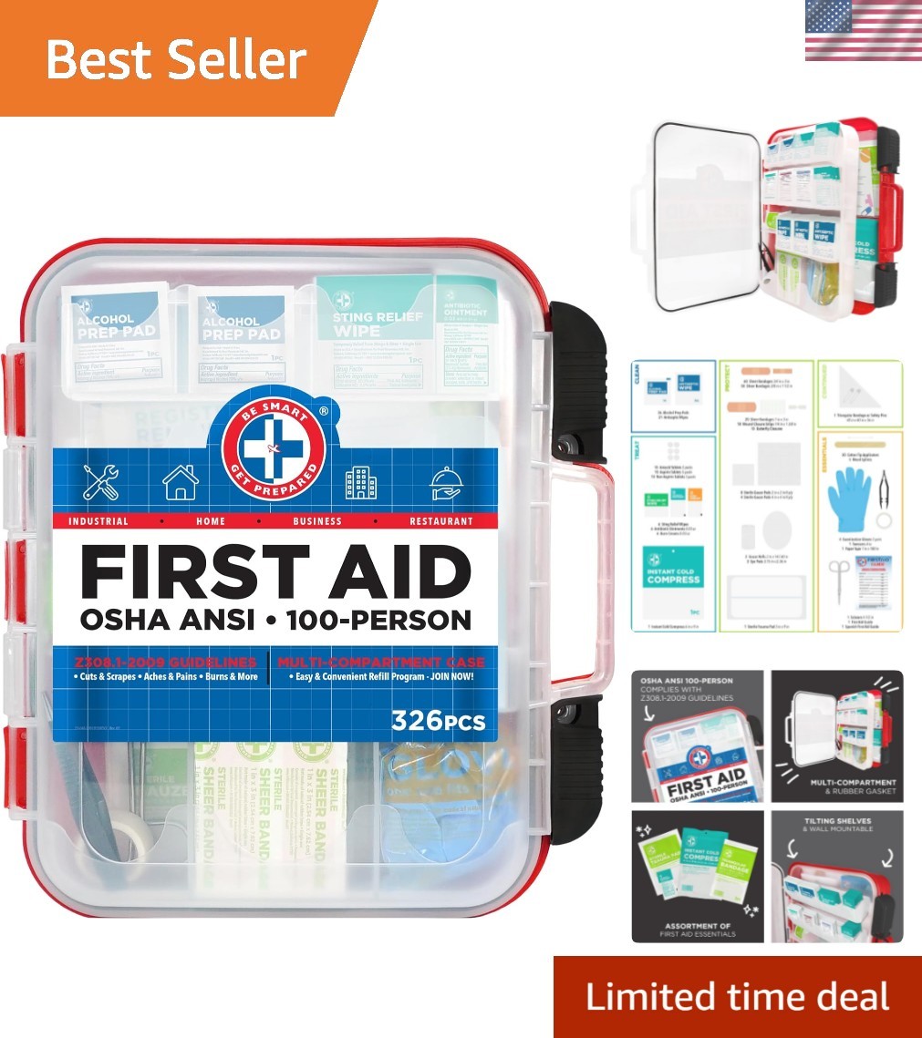 First Aid Kit Hard Red Case 326 Pieces Exceeds OSHA and ANSI Guidelines 100 P…