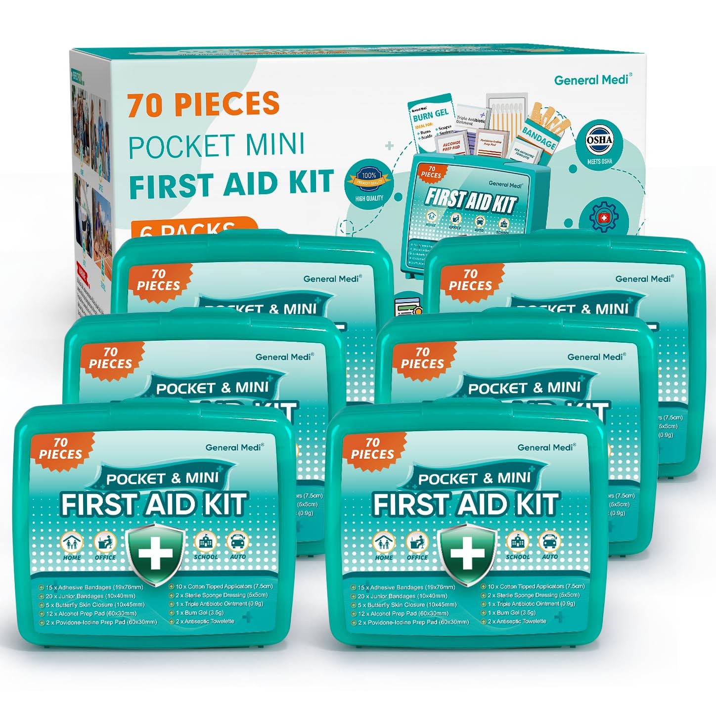 General Medi 420 Piece First Aid Kit, 6 Individual Boxes of 420 Pieces, Green