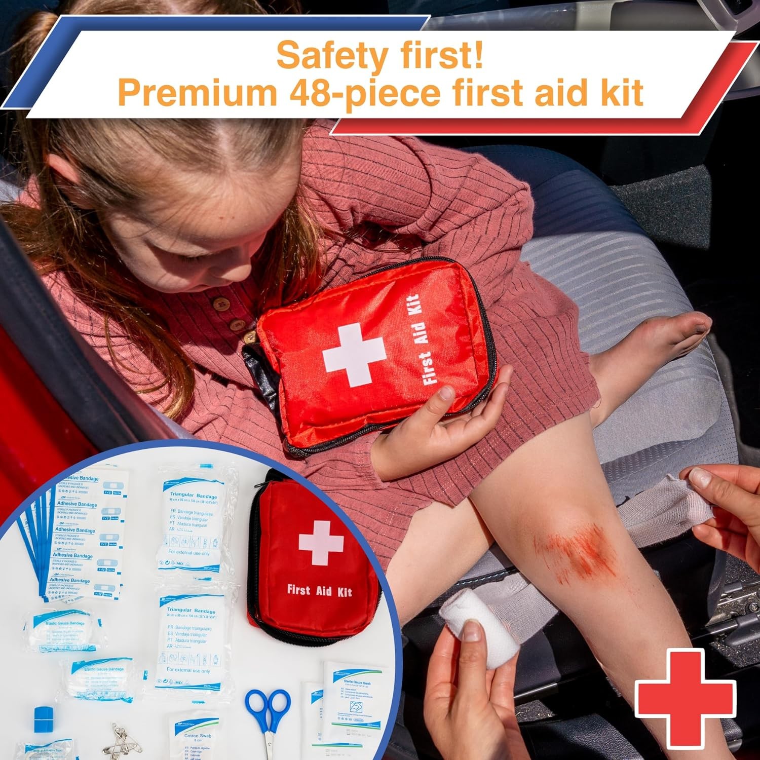 Car Emergency Kit with Air Compressor, Jumper Cables, First Aid, Tow Strap, Tire