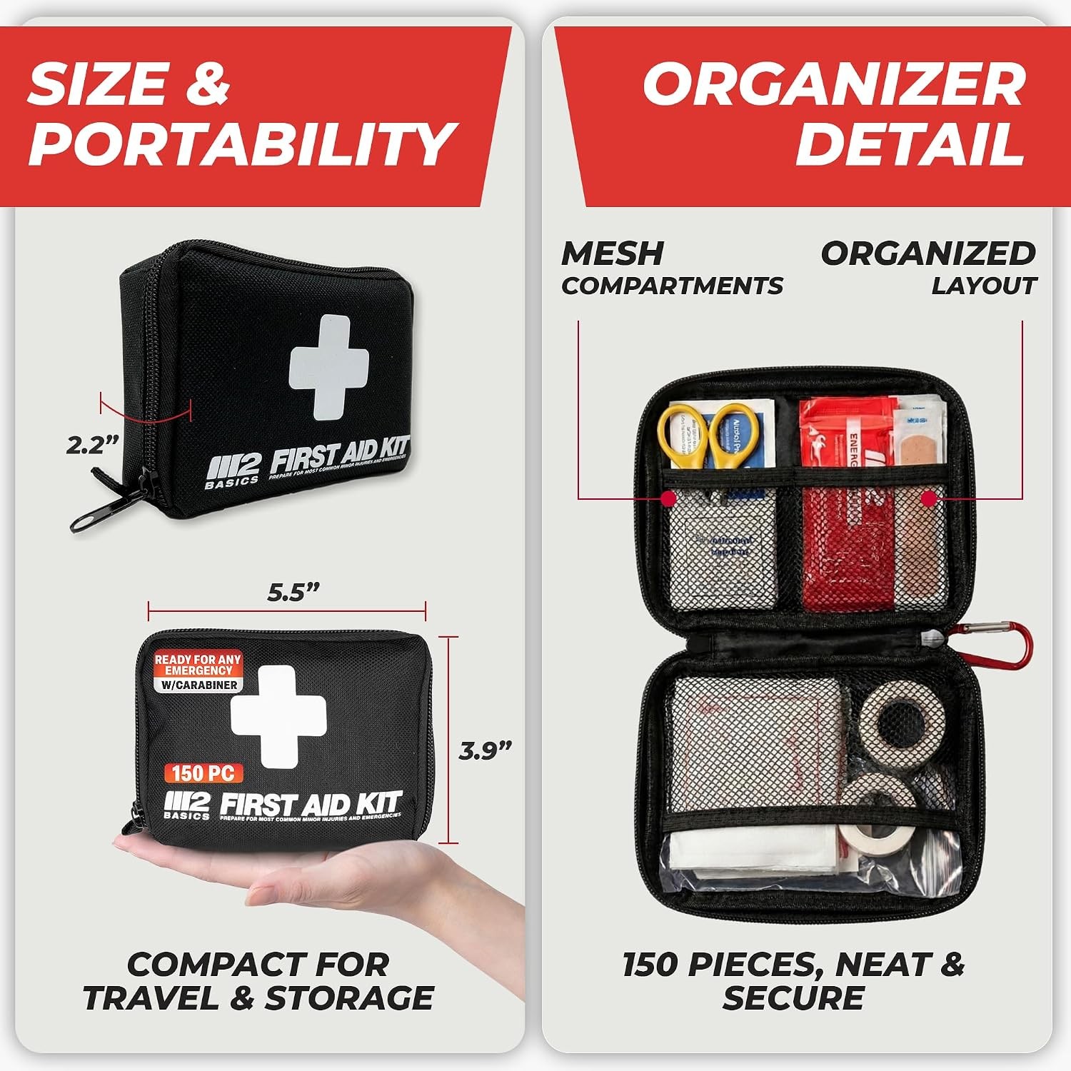 M2 BASICS 150-Pc First Aid Kit – Compact Bag for Travel, Home & Car