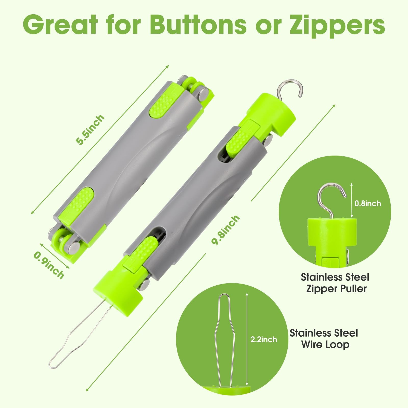 LYIGEOL Button Hook with Zipper Pull，One Hand Dressing Aids for Easy Green