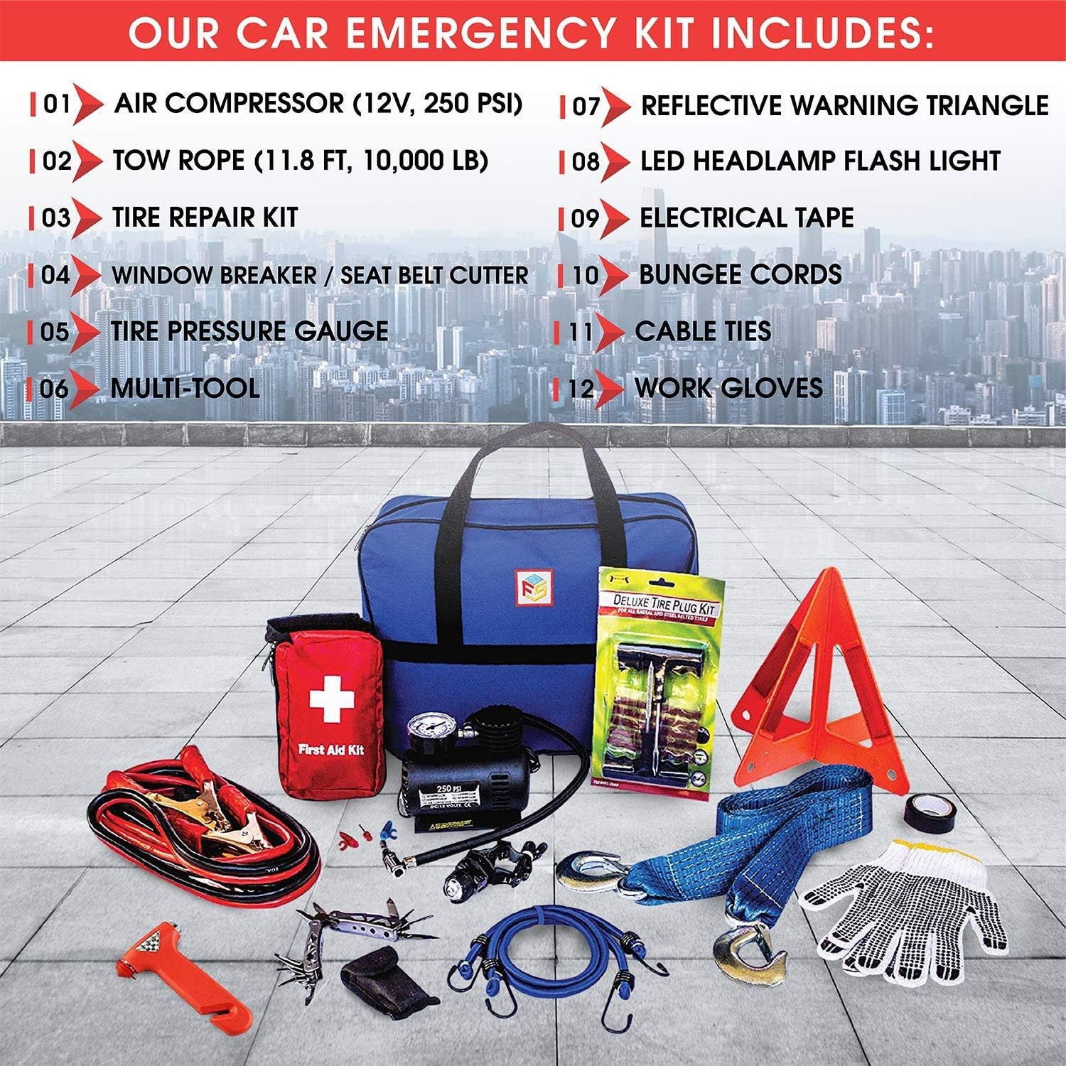 Car Emergency Kit with Air Compressor, Jumper Cables, First Aid, Tow Strap, Tire