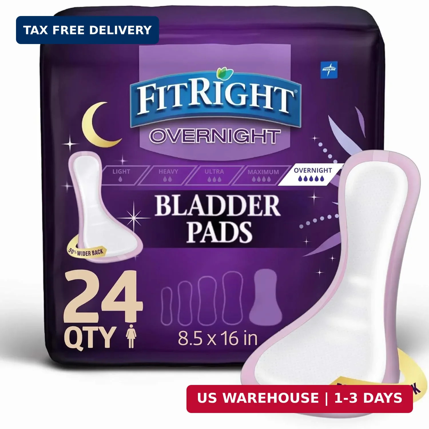 Medline FitRight Overnight Bladder Control Pads, Maximum Absorbency, Nighttime I