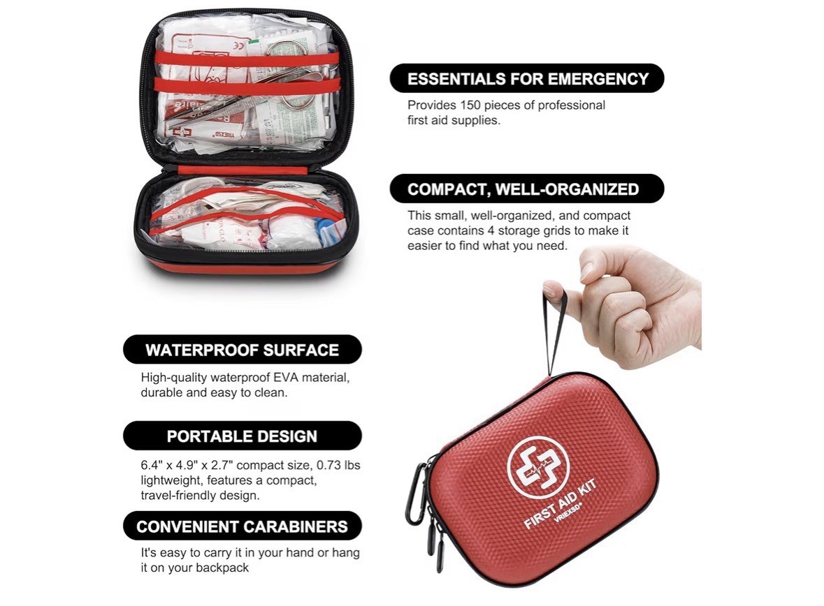 Mini First Aid Kit – 150 Piece Small Waterproof Hard Shell Medical Red