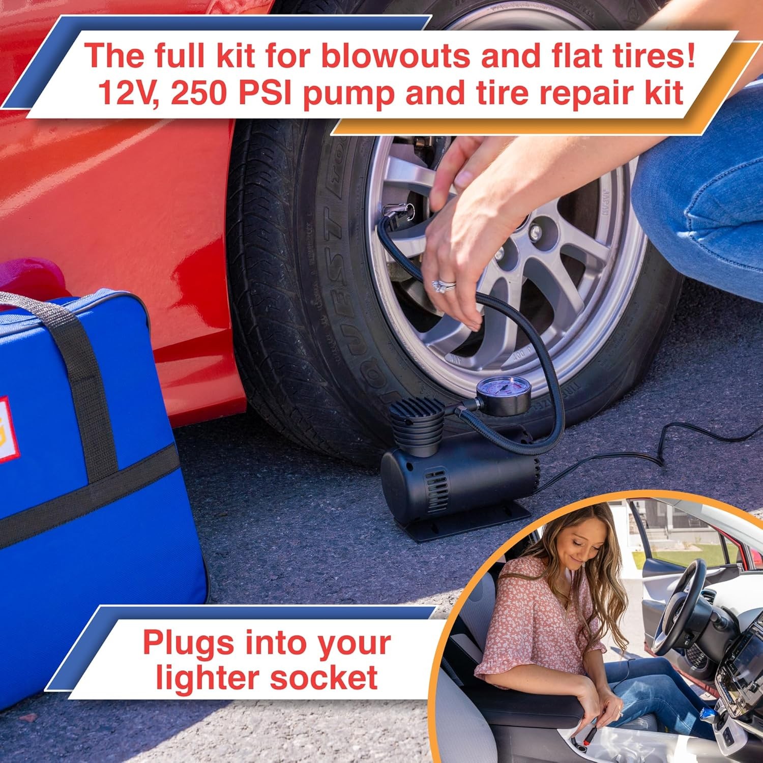 Car Emergency Kit with Air Compressor, Jumper Cables, First Aid, Tow Strap, Tire