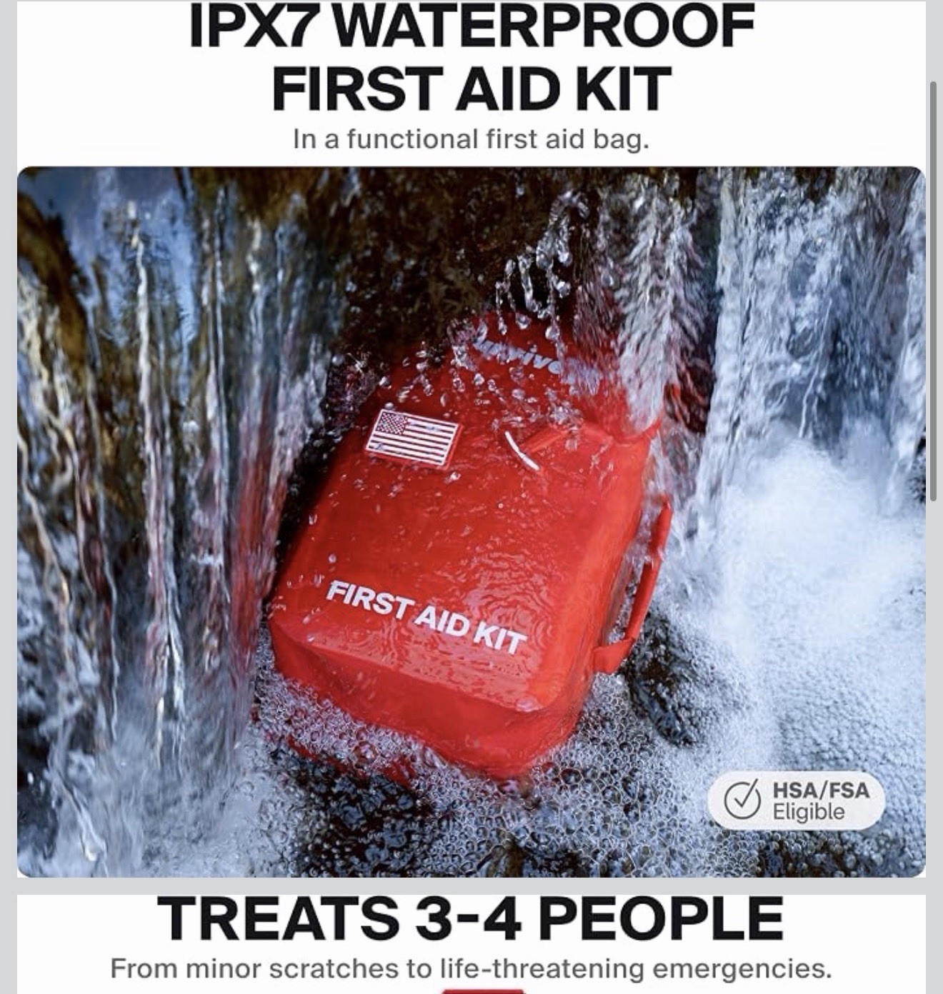 SurviveX IPX7 Waterproof Portable First Aid Kit Red w/ Bandages, CPR Mask